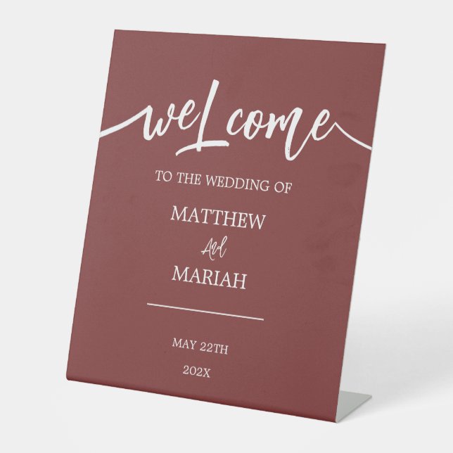 Elegant Modern Red Calligraphy Wedding Welcome Pedestal Sign (Front)