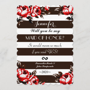 Elegant Modern Red Floral & Black & White Stripes Invitation