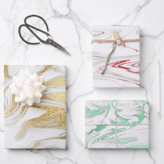Elegant modern red gold green white marble look wrapping paper sheet (Front)