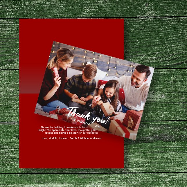 Elegant Modern Red Holiday Photo Thank You Card (Creator Uploaded)