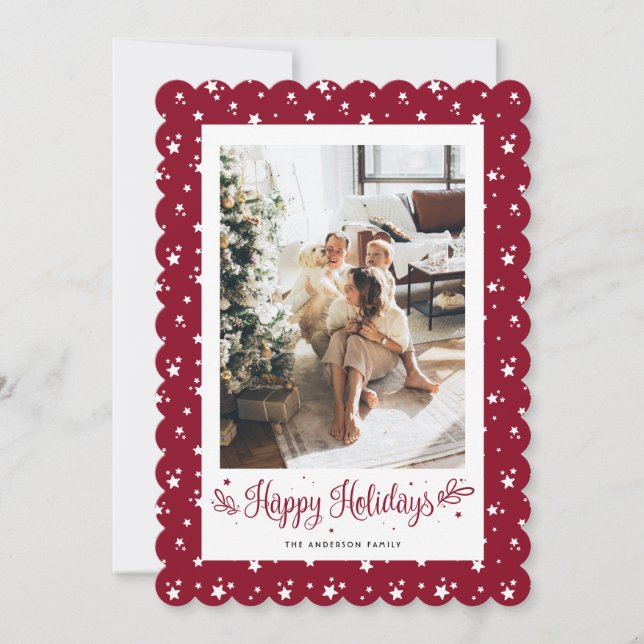 Elegant Modern Red Photo Happy Holidays Card (Front)