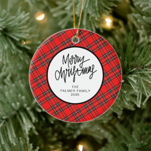 Elegant Modern Red Plaid Christmas Family Photo Ceramic Tree Decoration