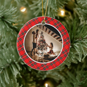 Elegant Modern Red Plaid Christmas Family Photo Ceramic Tree Decoration