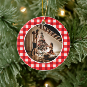 Elegant Modern Red Plaid Christmas Family Photo Ceramic Tree Decoration