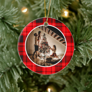 Elegant Modern Red Plaid Christmas Family Photo Ceramic Tree Decoration