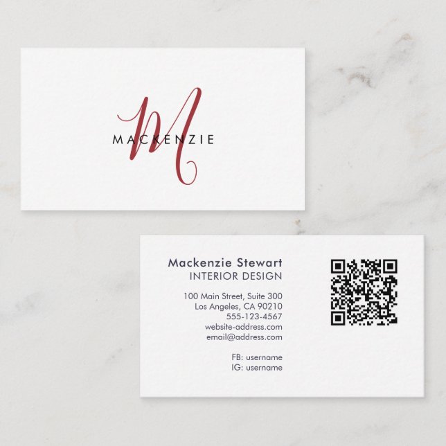 Elegant Modern Red Script Monogram QR Code Business Card (Front/Back)