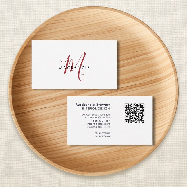 Elegant Modern Red Script Monogram QR Code Business Card (Creator Uploaded)