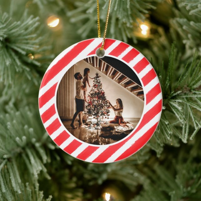 Elegant Modern Red Stripes Christmas Family Photo Ceramic Tree Decoration (Tree)