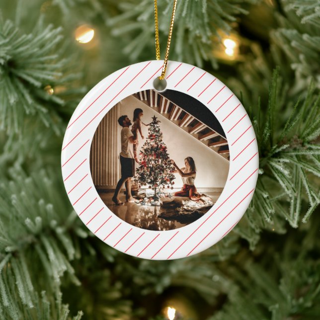 Elegant Modern Red Stripes Christmas Family Photo Ceramic Tree Decoration (Tree)