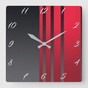 Elegant, modern red stripes on dark grey square wall clock