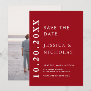 Elegant Modern Red & White Simple Wedding Photo Save The Date