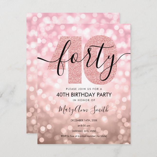 Elegant Modern Rose Gold 40th Birthday Party Invitation (Front/Back)