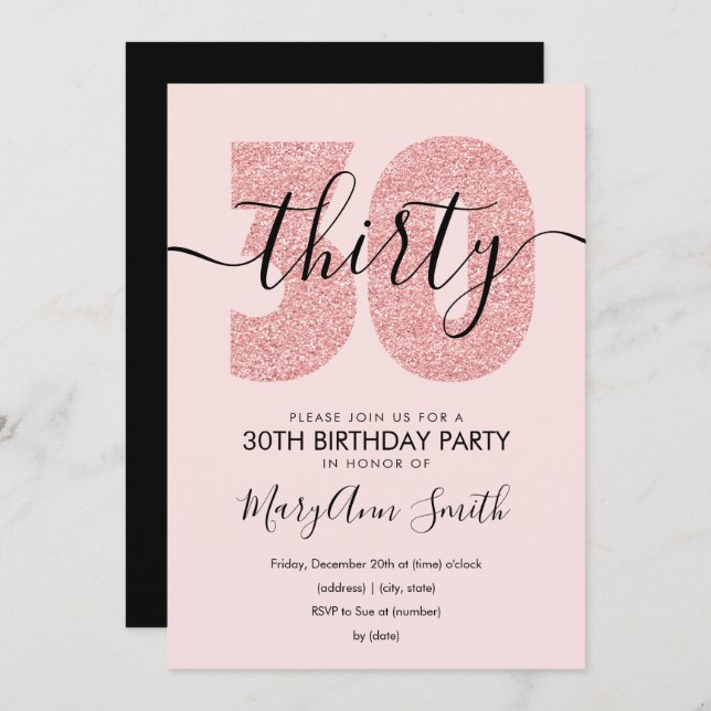 Elegant Modern Rose Gold Blush 30th Birthday Invitation (Front/Back)