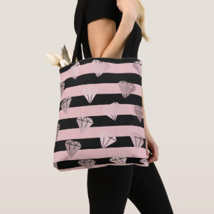 Elegant modern rose gold diamond pattern & stripe tote bag