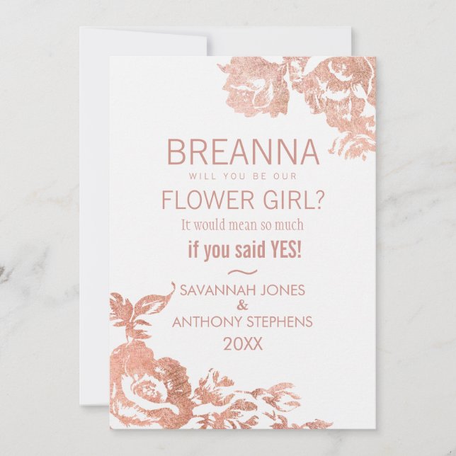 Elegant Modern Rose Gold Floral Flower Girl Invitation (Front)