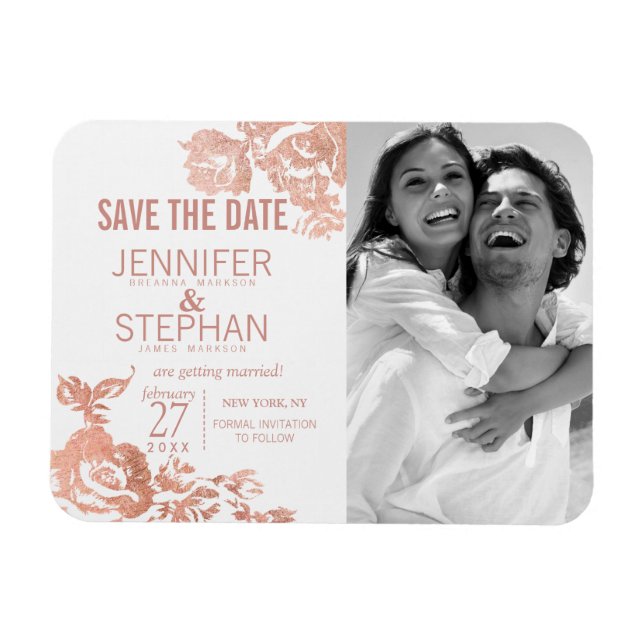 Elegant Modern Rose Gold Floral Save the Dates Magnet (Horizontal)