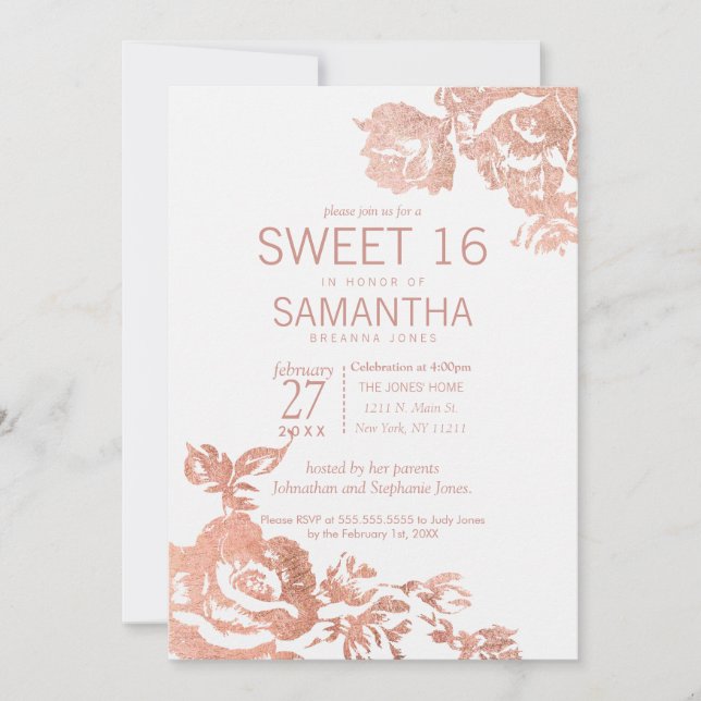 Elegant Modern Rose Gold Floral Sweet 16 Invitation (Front)