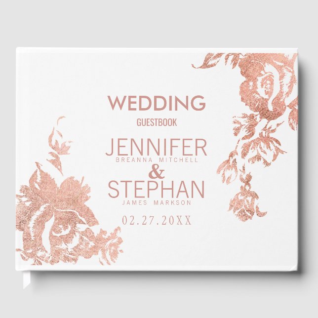 Elegant Modern Rose Gold Floral Wedding Guest Book (Front)