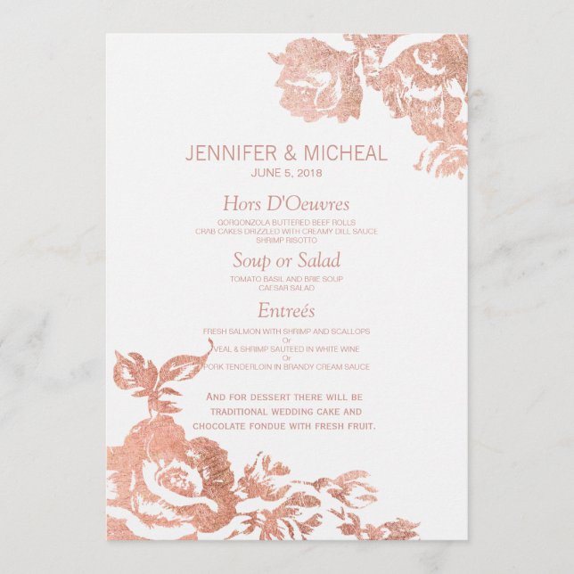 Elegant Modern Rose Gold Floral Wedding Menu (Front)