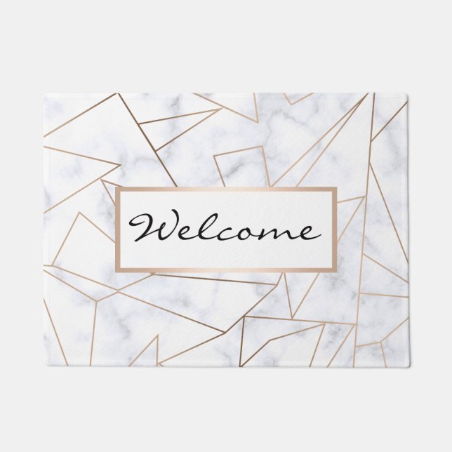 elegant modern rose gold geometric white marble doormat (Front)