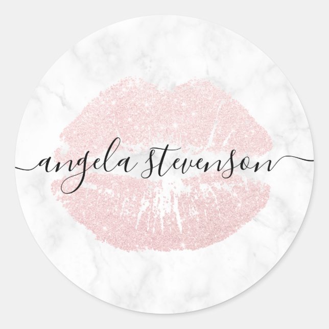 Elegant modern rose gold glitter lips white marble classic round sticker (Front)