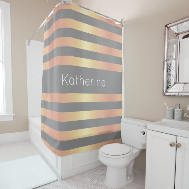 Elegant Modern Rose Gold Gradient Stripes Grey Shower Curtain (In Situ)