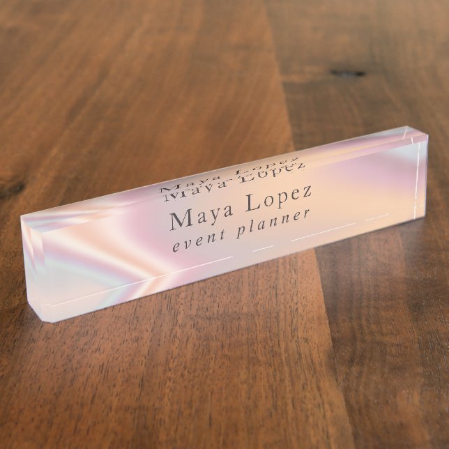Elegant modern rose gold holographic event planner nameplate (Side)