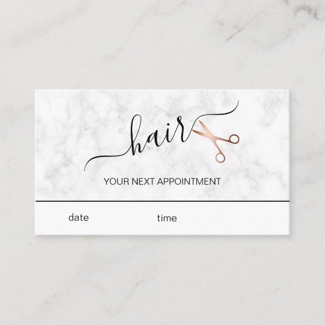 Elegant modern rose gold scissors hairstylist appointment card (Front)