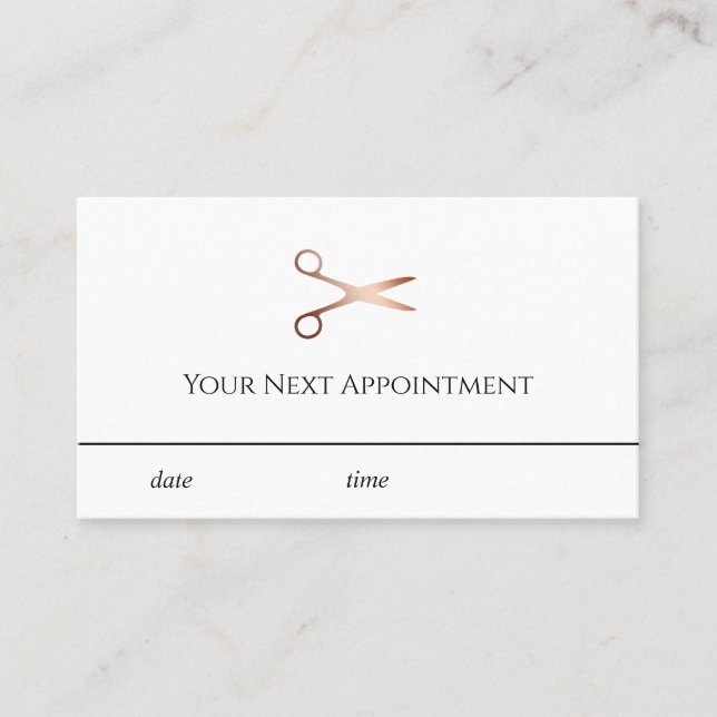 Elegant modern rose gold scissors hairstylist appointment card (Front)