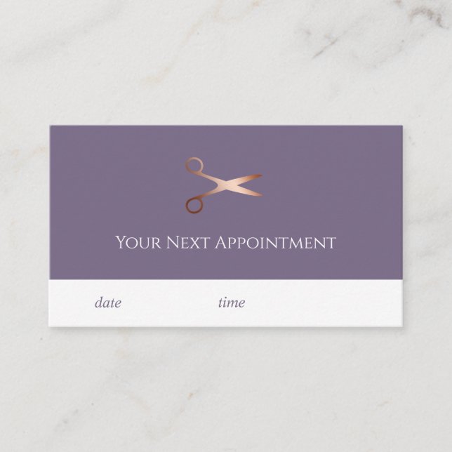 Elegant modern rose gold scissors hairstylist appointment card (Front)
