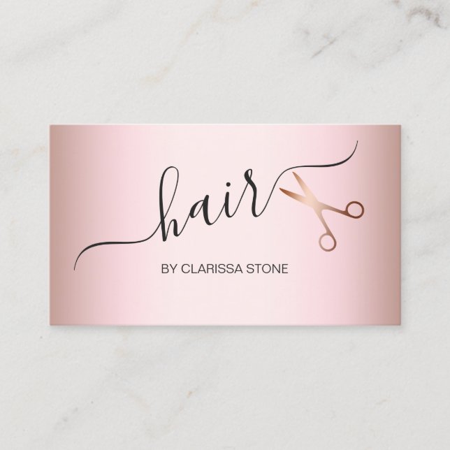Elegant modern rose gold scissors hairstylist business card (Front)