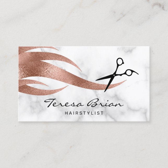 Elegant modern rose gold scissors hairstylist business card (Front)