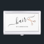 Elegant modern rose gold scissors hairstylist business card holder<br><div class="desc">Modern and elegant design for hairstylists with faux rose gold scissors and elegant calligraphy font.</div>