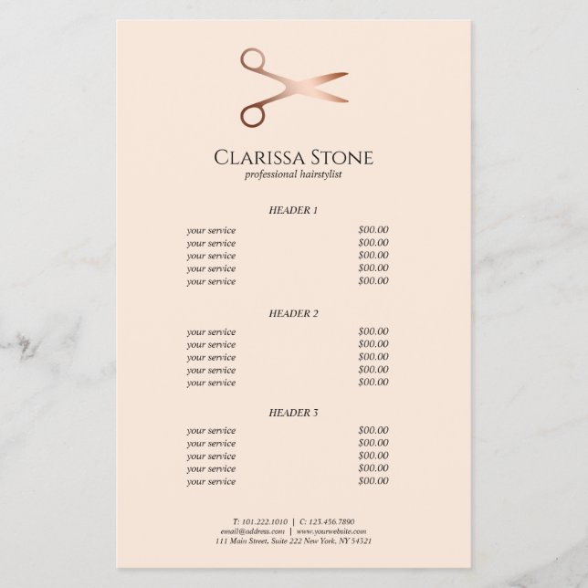 Elegant modern rose gold scissors hairstylist flyer (Front)