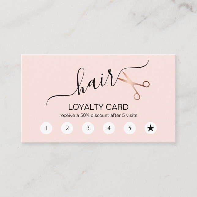 Elegant modern rose gold scissors hairstylist loyalty card (Front)
