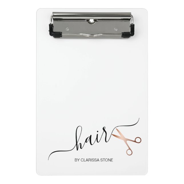 Elegant modern rose gold scissors hairstylist mini clipboard (Front)