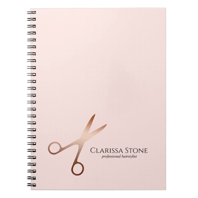 Elegant modern rose gold scissors hairstylist notebook (Front)
