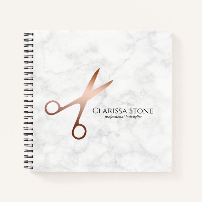 Elegant modern rose gold scissors hairstylist notebook (Front)