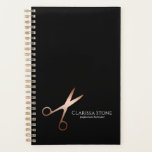 Elegant modern rose gold scissors hairstylist planner<br><div class="desc">Modern and elegant design for hairstylists with faux rose gold scissors,  elegant calligraphy font and black background.</div>