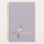 Elegant modern rose gold scissors hairstylist planner<br><div class="desc">Modern and elegant design for hairstylists with faux rose gold scissors,  elegant calligraphy font and purple background.</div>