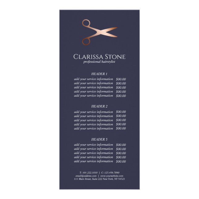 Elegant modern rose gold scissors hairstylist rack card (Front)