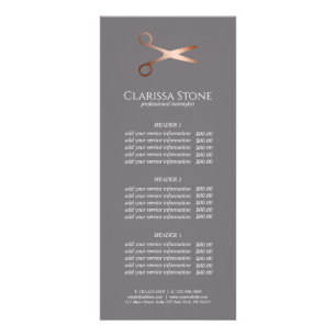 Elegant modern rose gold scissors hairstylist rack card