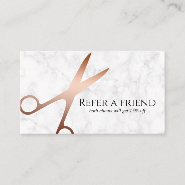 Elegant modern rose gold scissors hairstylist referral card (Front)