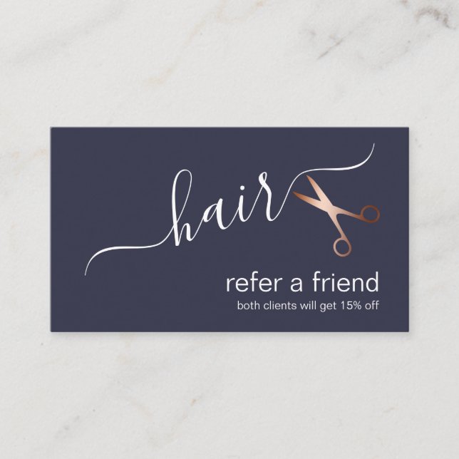 Elegant modern rose gold scissors hairstylist referral card (Front)