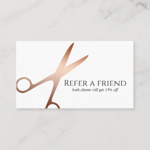 Elegant modern rose gold scissors hairstylist referral card