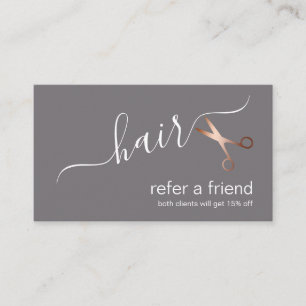 Elegant modern rose gold scissors hairstylist referral card