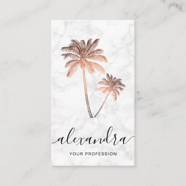 Elegant modern rose gold white marble palms business card (Front)