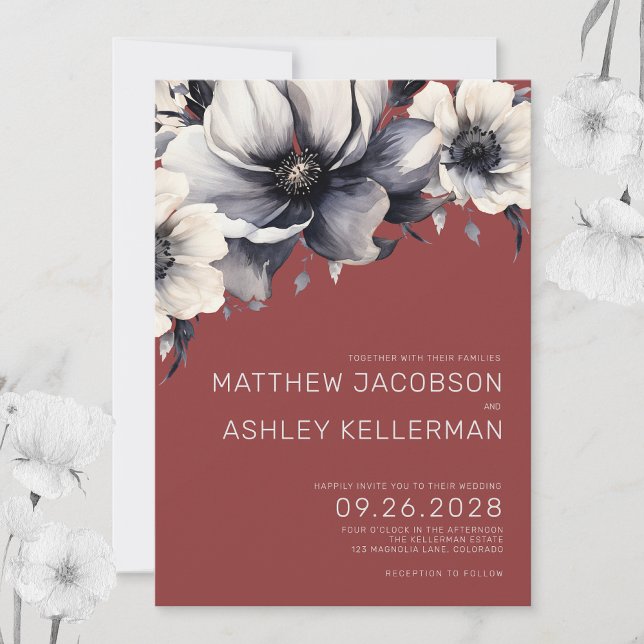 Elegant Modern Rustic Fall Red Floral Wedding Invitation (Elegant Modern Fall Red White Floral Wedding Invitation)