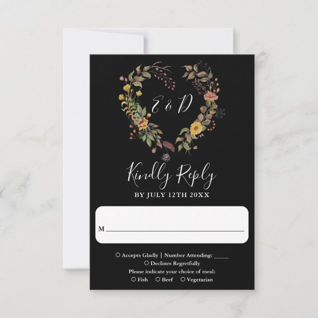 Elegant Modern Rustic Floral Heart Wedding RSVP Card (Front)