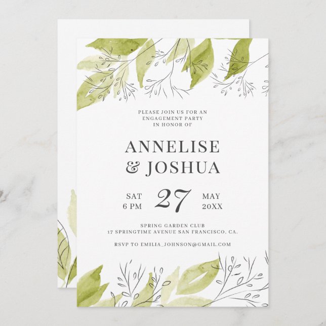 Elegant modern rustic green and white engagement invitation (Front/Back)